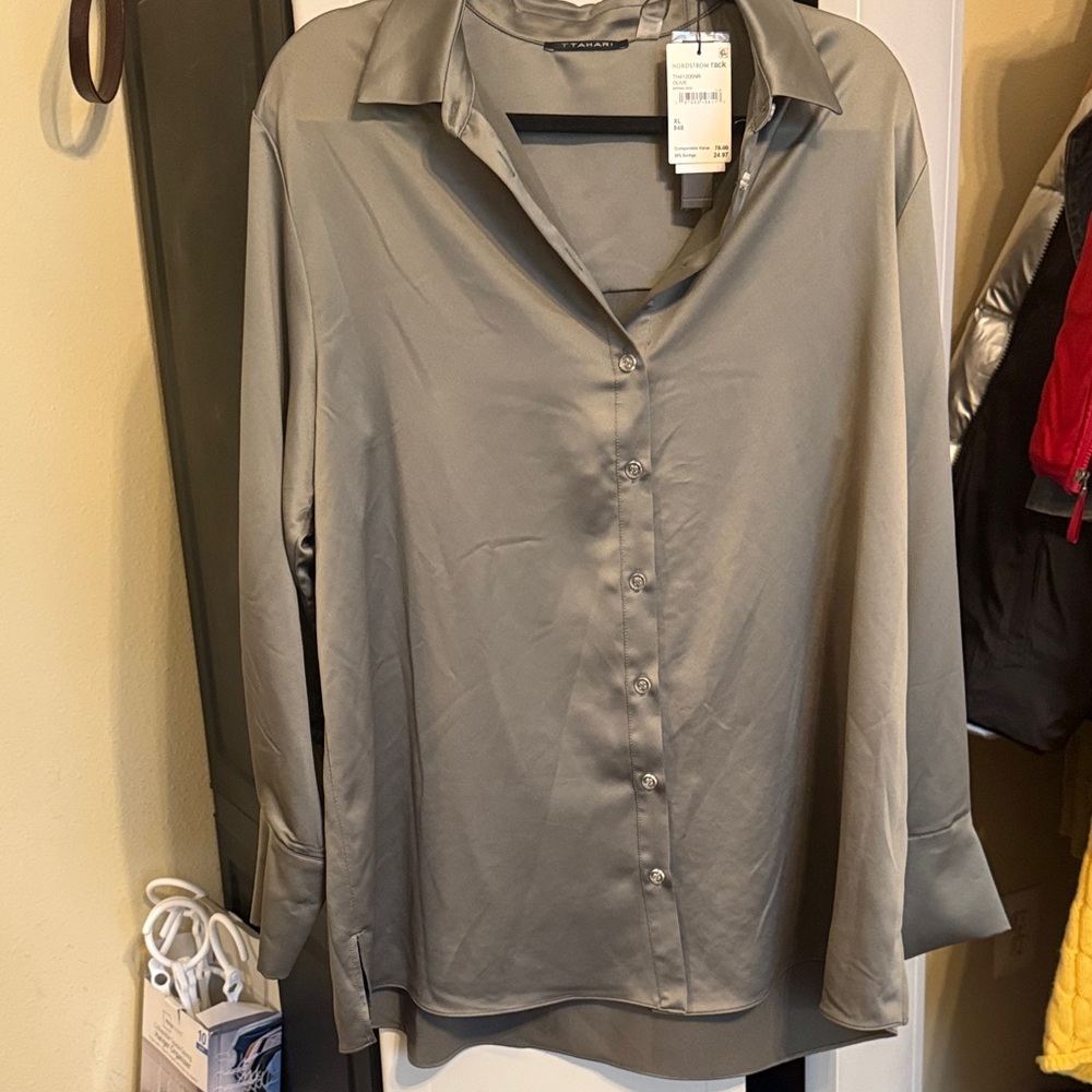 Tahari Sage Satin Button-Front Blouse
